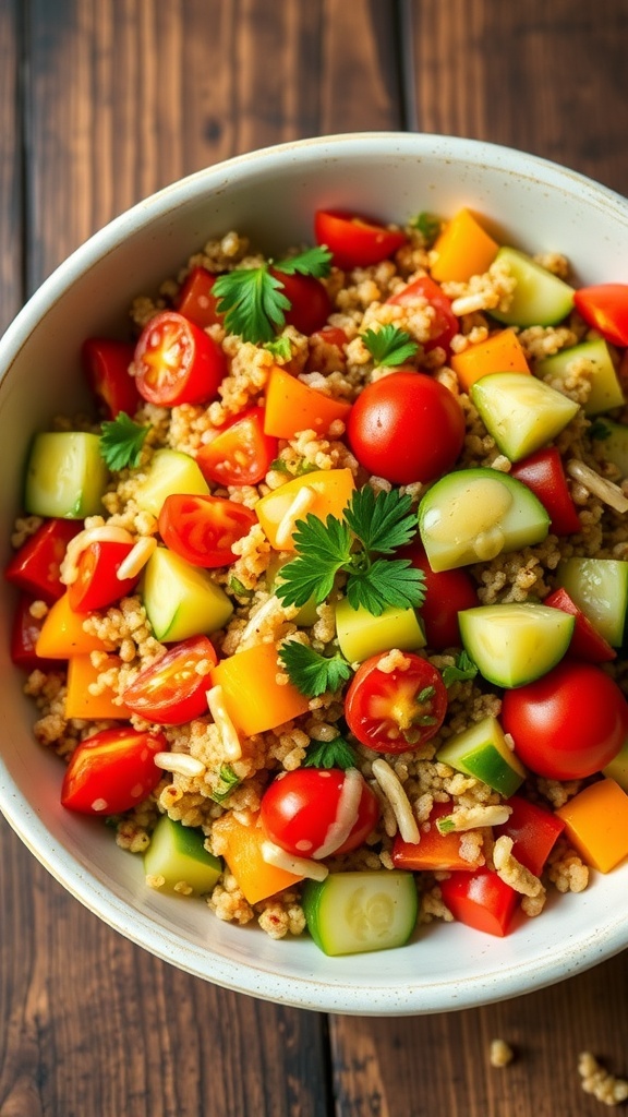 Protein-Packed Rainbow Quinoa Salad A vibrant quinoa salad with colorful vegetables in a bowl, garnished with parsley on a wooden table.